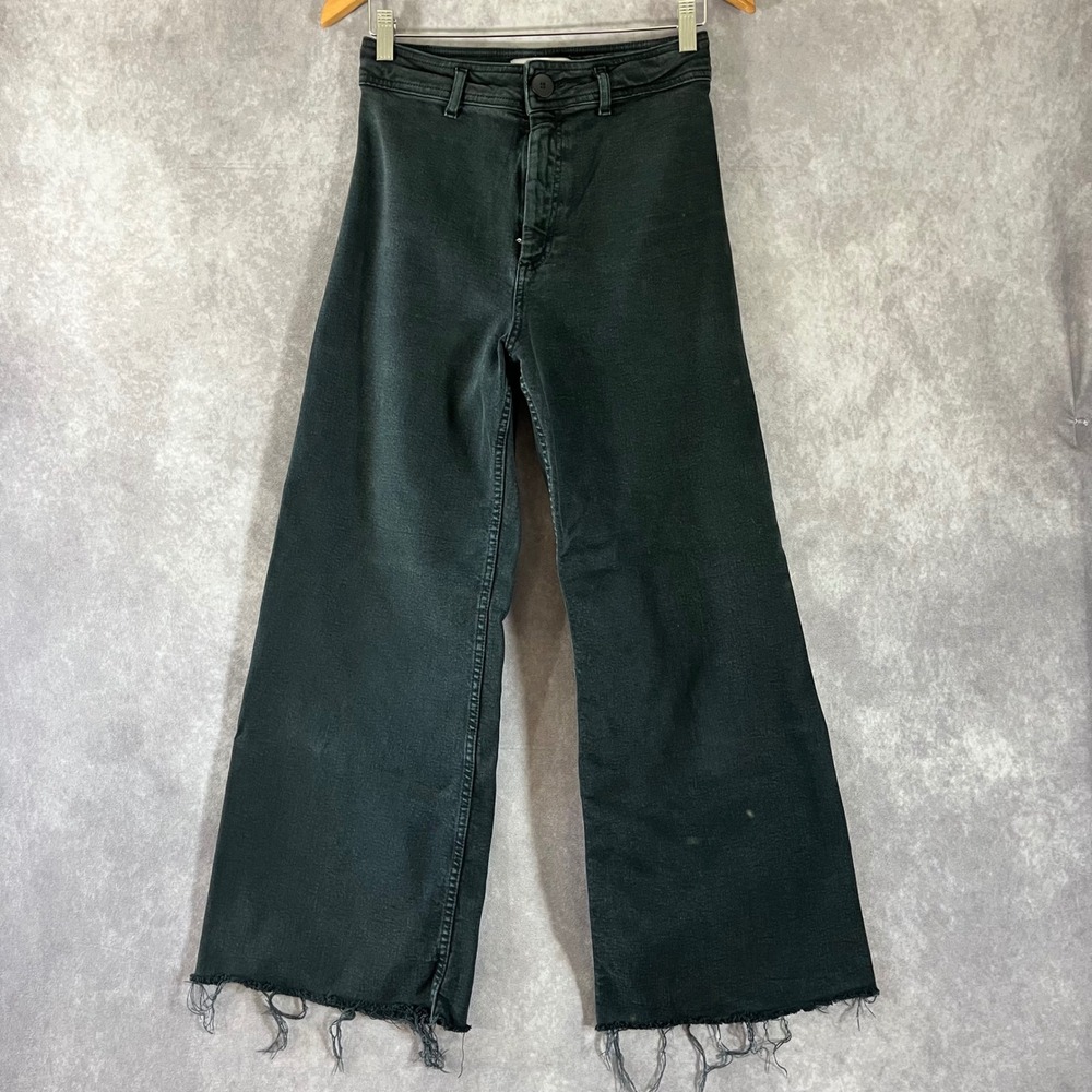 Zara Wide Leg Jeans Womens 6 Black High Rise Raw Hem Denim Pants Casual